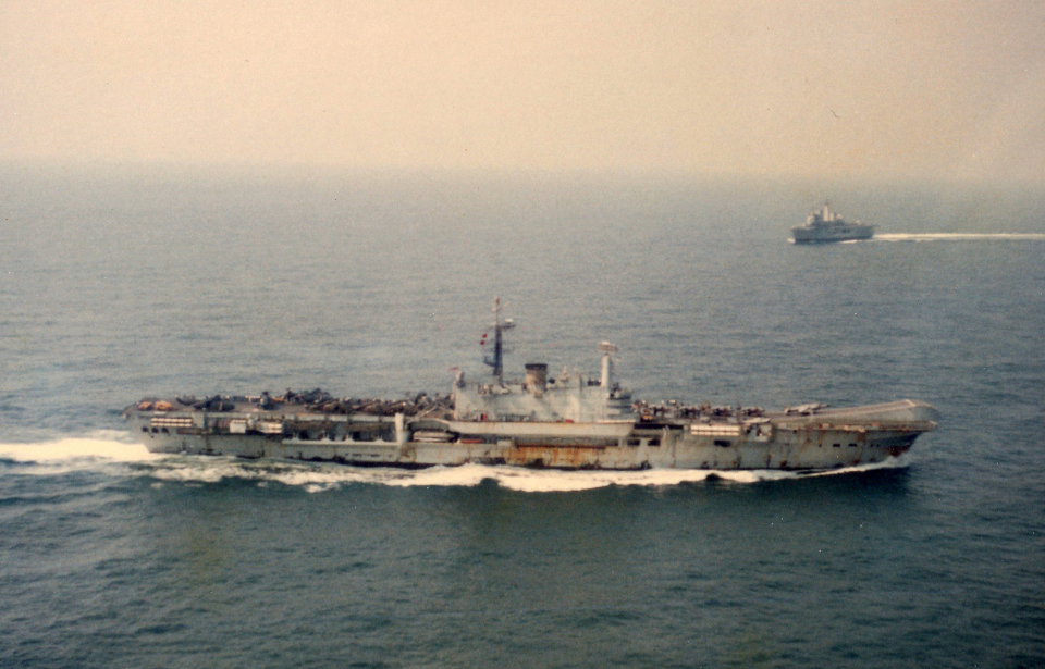 Official handover of Falklands duties from HMS Hermes (looking very rusty after months on active duty in the South Atlantic).