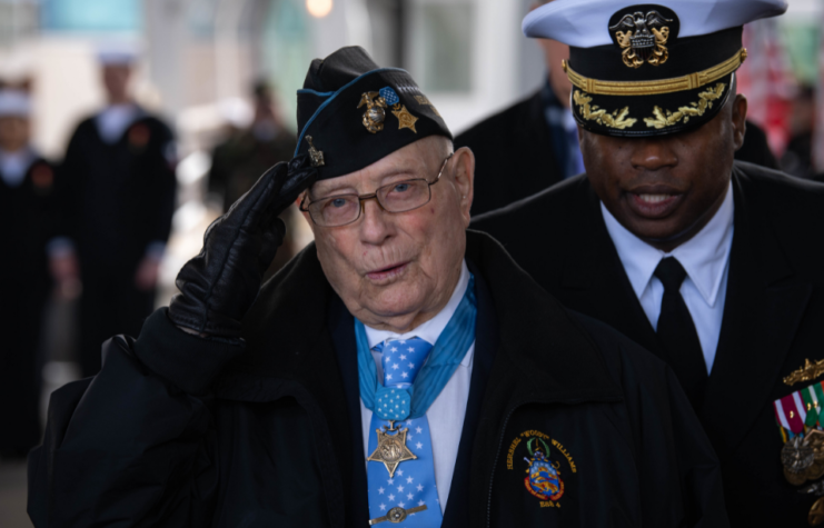 Hershel Williams at the commissioning of the Navy warship USS Hershel "Woody" Williams