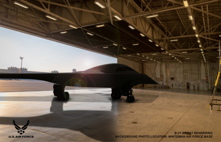 artist rendering of a B-21 Raider concept in a hangar at Whiteman Air Force Base, Mo.