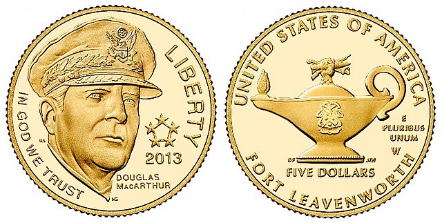 Front and back of the Five-Star General $5 coin featuring an image of Douglas MacArthur