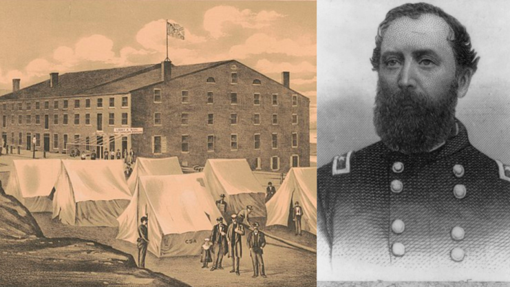 Artist's rendering of Libby Prison and a portrait of Colonel Thomas E. Rose