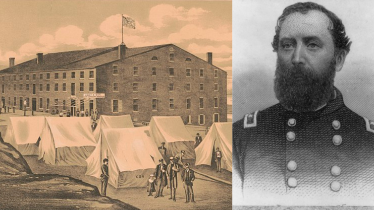 Artist's rendering of Libby Prison + Military portrait of Thomas E. Rose