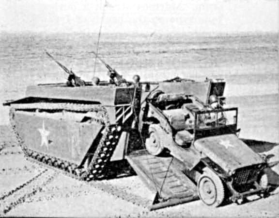 LVT Buffalo unloading a Jeep.