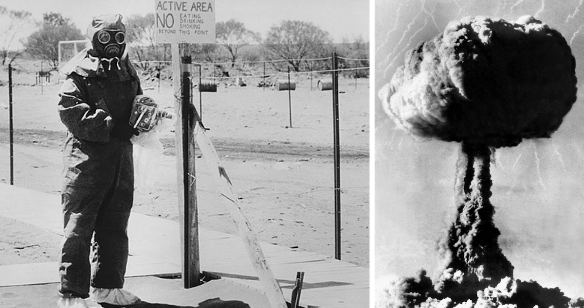 A scientist in protective gear + a mushroom cloud over the site at Maralinga