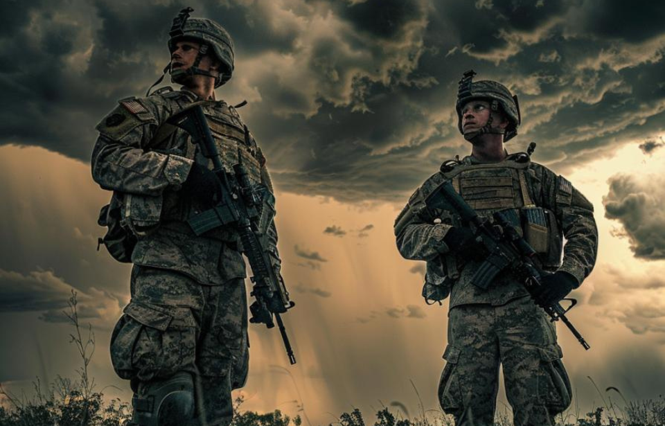 AI rendering of two US Army soldiers standing in uniform on a stormy day