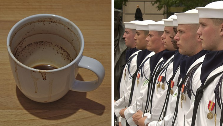 Dirty coffee mug + Navy soldiers standing in a row