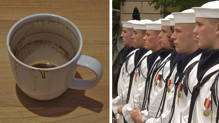 Dirty coffee mug on a wooden table + US Navy sailors standing in a row