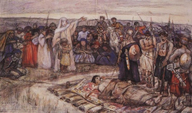 Drawing of Olga at Igor I of Kiev's funeral, surrounded by other Rus'