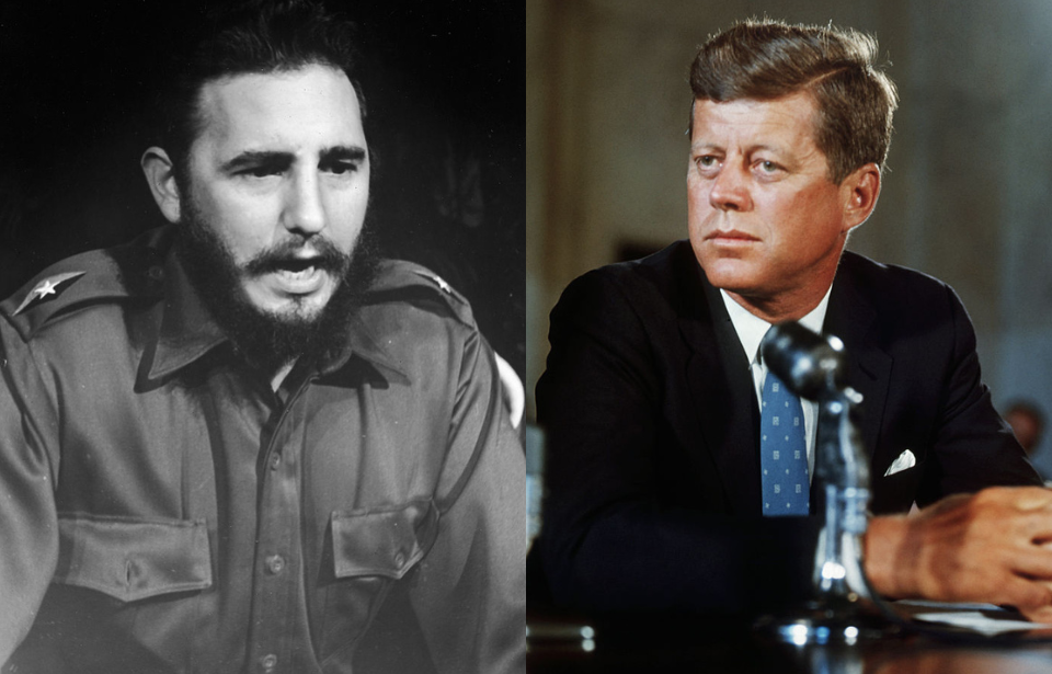 Fidel Castro speaking at a podium + John F. Kennedy sitting at his desk