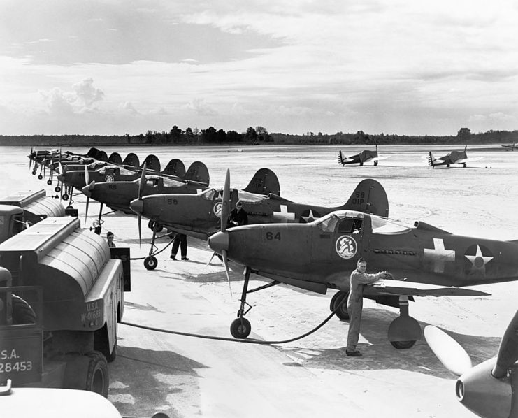 Fleet of Bell P-39 Airacobras parked on the tarmac