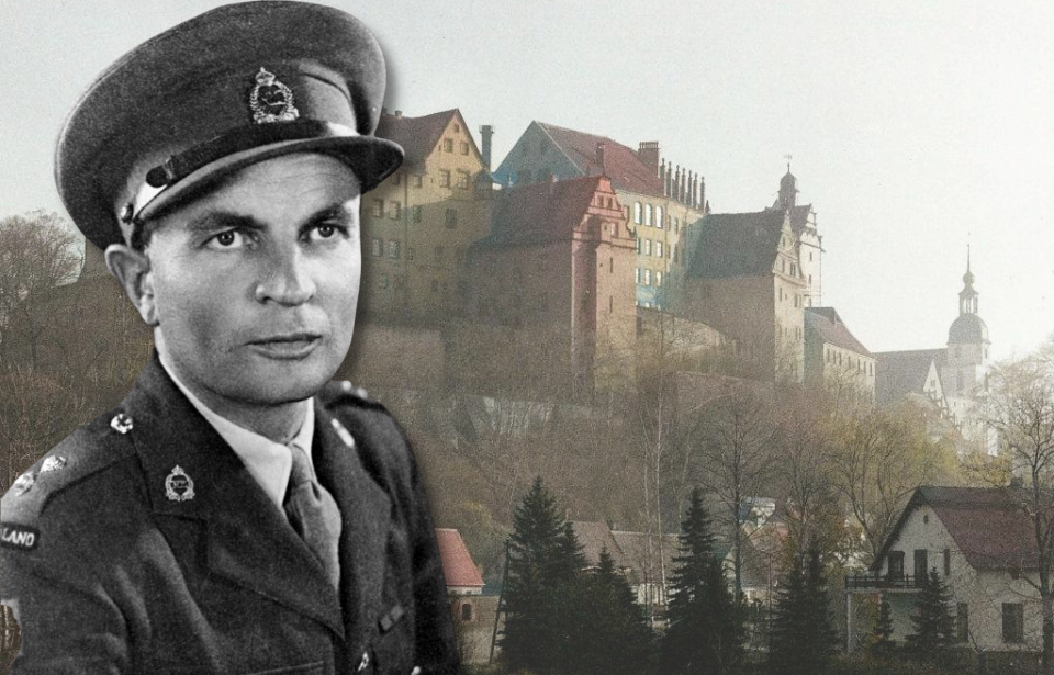 Exterior of Colditz Castle + Military portrait of Charles Upham