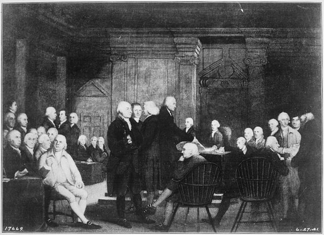 Members of the Second Continental Congress voting for Independence