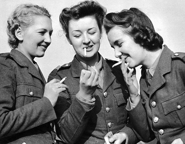 Three women with Britain's ATS smoking cigarettes