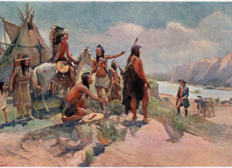 Illustration of explorers Lewis and Clark being treated by Native Americans