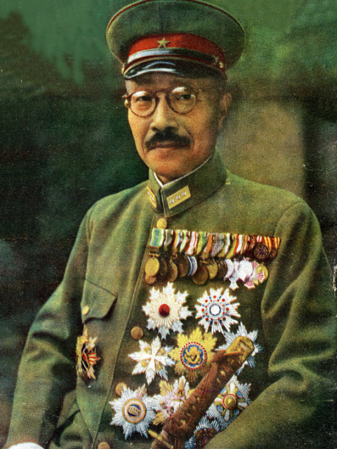 Photograph of Prime Minister Hideki Tōjō (1884-1948) in color. This is a modified version without text of the original.