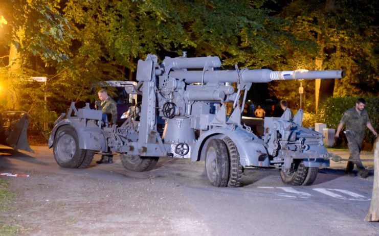 The antiaircraft gun on a dark street