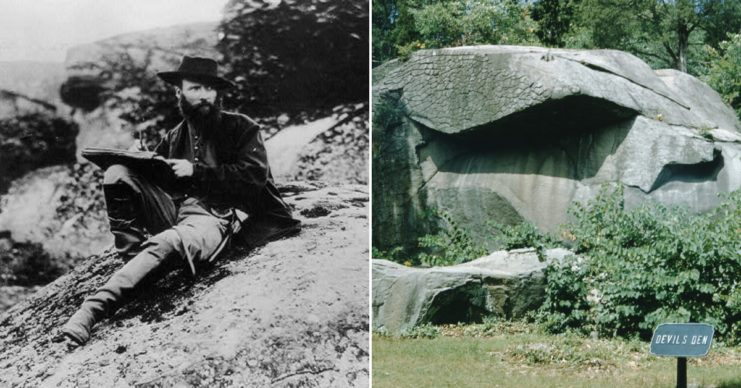 Alfred R. Waud sketching while sitting on a rock + Sign showing the location of the Devil's Den