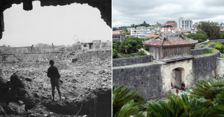 US Marine standing among debris + Shrine in Naha, Okinawa, Japan
