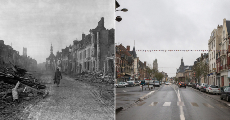 German soldier walking through a ruined street in Pèronne + Cars parked along a street in Pèronne