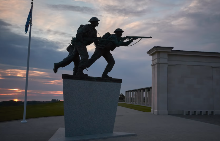 Bronze statue of three soldiers at Britain's Normandy memorial