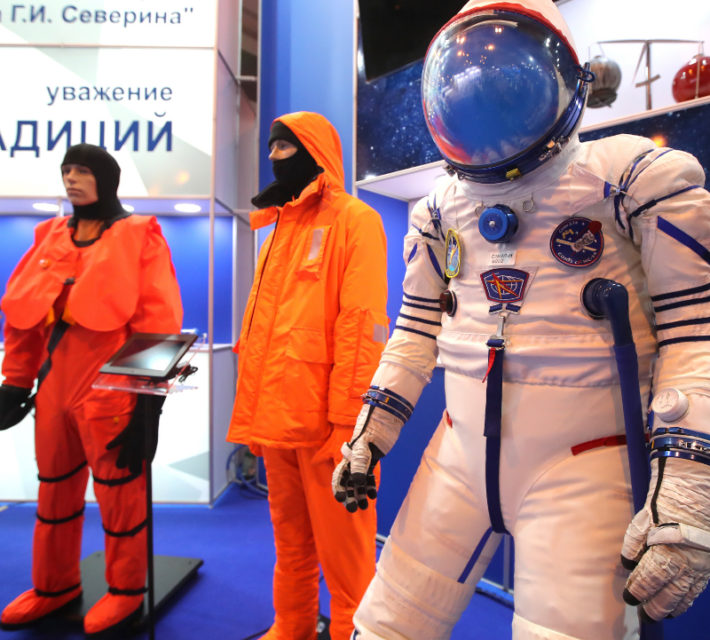 A Sokol-M space suit (R) on display at the MAKS 2021 International Aviation and Space Salon in the town of Zhukovsky.