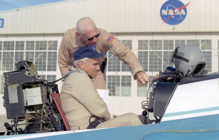 NASA pilot Ed Lewis rear briefs NASA test pilot Dick Ewers on the flight instruments of NASA's YO-3A acoustics research aircraft prior to a checkout flight.