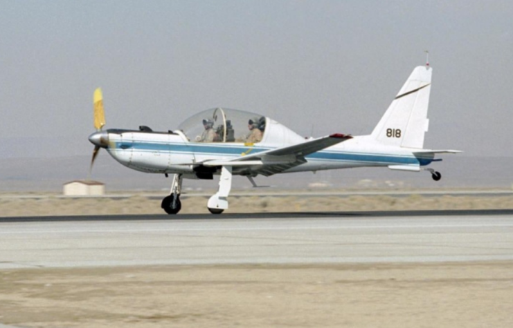 NASA's converted YO-3A observation plane, now used for acoustics research, touches down at Edwards Air Force Base following a pilot checkout flight.