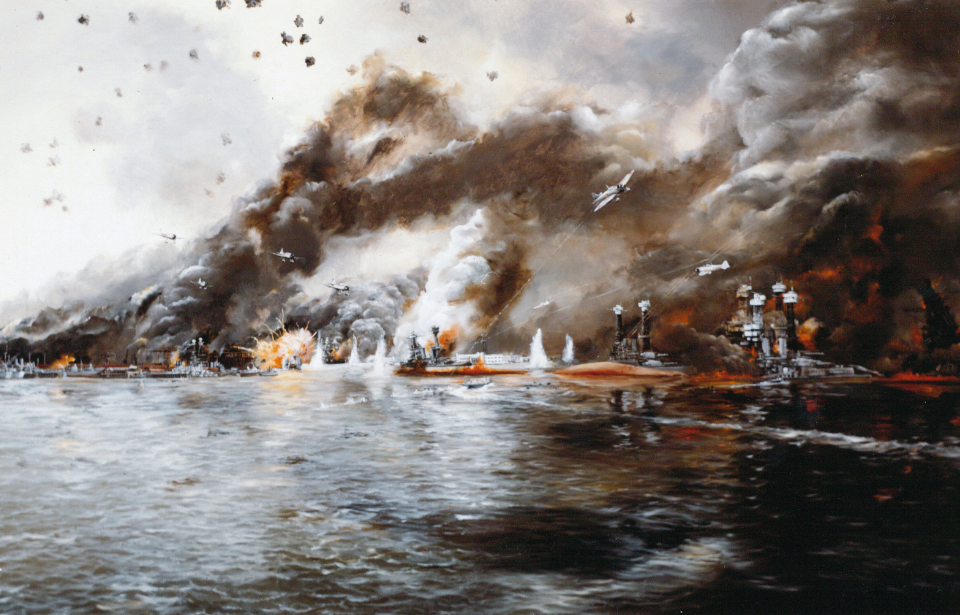 Japanese Attack on Pearl Harbor, December 7, 1941. Battleship row in flames. (Artwork by John Hamilton / U.S. Navy Art Gallery)
