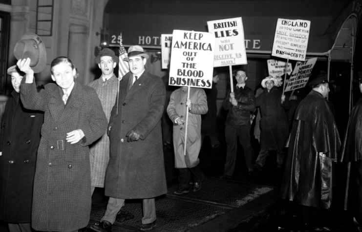 People marching in protest against the United States joining the war in Europe circa 1941 in New York, New York. The AFC was the pressure group against the Americans joining World War II.