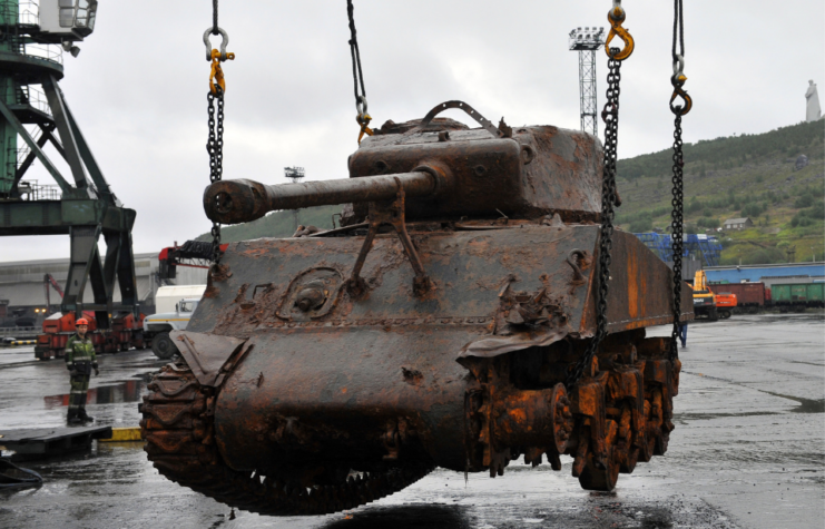 A US Medium Tank M4 Sherman at the Murmansk Commercial Seaport. Recovered from the Barents sea