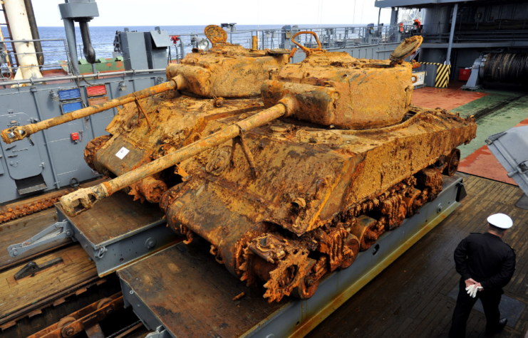 Rusty Sherman tanks recovered from the sea