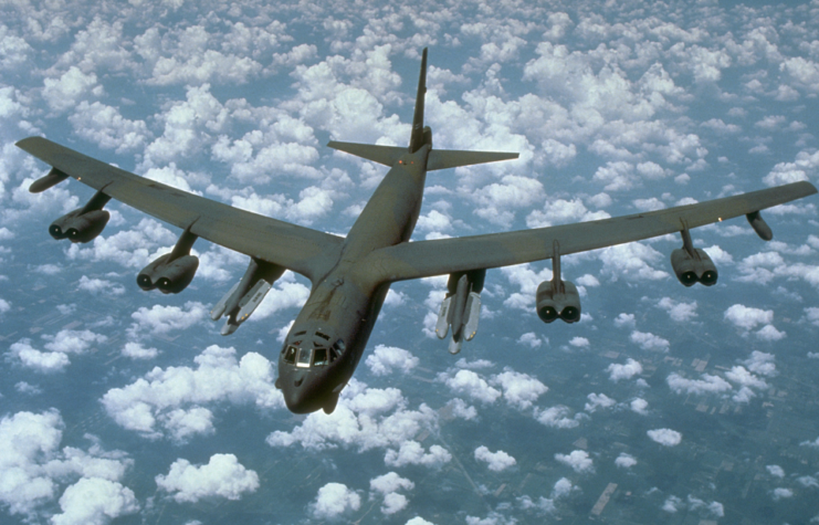 An air-to-air front view of a B-52G Stratofortress aircraft from the 416th Bombardment Wing armed with AGM-86B air-launched cruise missiles (ALCMs). 1988
