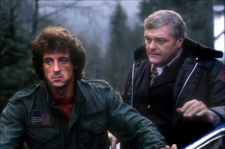 Sylvester Stallone and Brian Dennehy as John J. Rambo and Sheriff Will Teasle in 'First Blood'