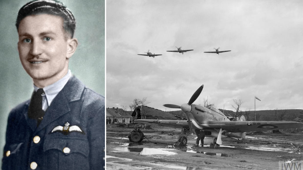 Military portrait of Eric Carter + grounded Hawker Hurricane