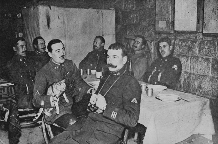 French soldiers sitting at a table with soldiers, with one holding a feline