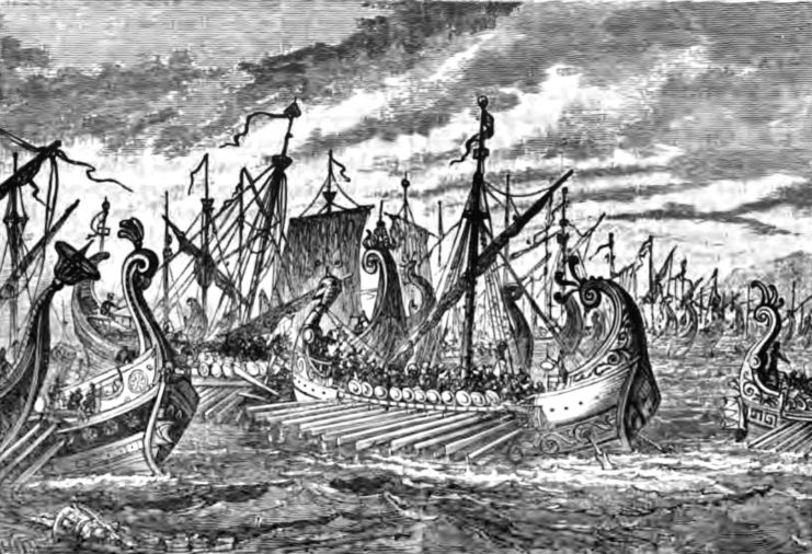 Drawing of Athenian triremes at the Battle of Salamis 