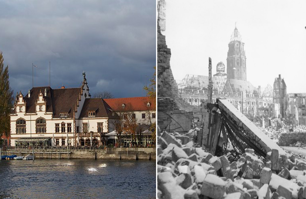 View of Konstanz from the water + Rubble strewn across a city