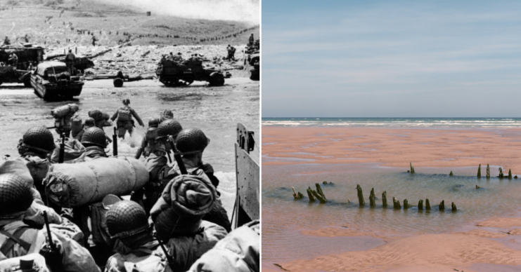 American assault troops landing on Omaha Beach + Remnants of military fortifications on Omaha Beach
