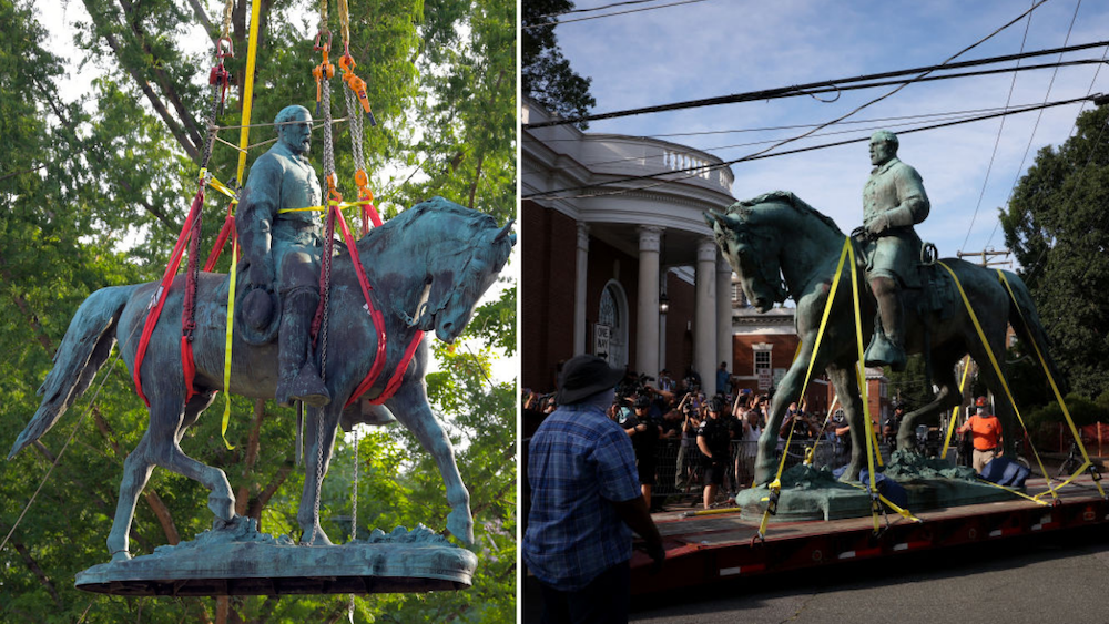 Robert E. Lee statue being hoisted in the air + the statue on a truck surrounded by people