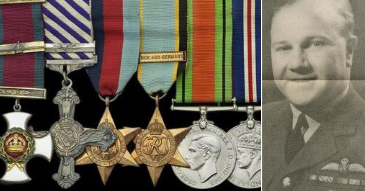 Six WWII medals lined up + a portrait of Sidney Baker