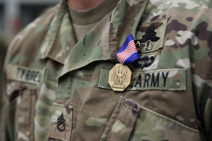 Close up of the Soldier's Medal on Staff Sgt. Tyrrel's chest