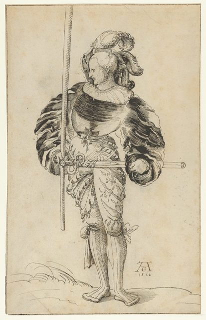Swiss foot soldier holding a sword and a pike