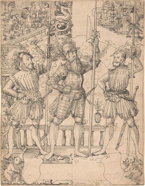 Swiss halberdier and two pikemen