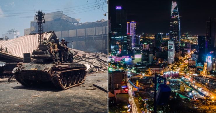 Tank driving through a debris-strewn street + Ho Chi Minh City at night
