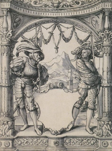 Two Swiss mercenaries holding pikes