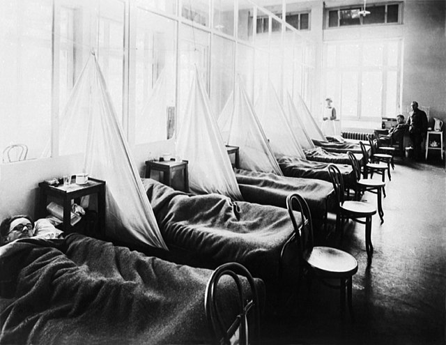 American soldiers lying in beds in an influenza ward