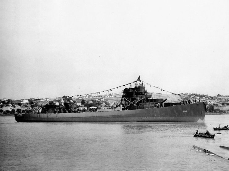 Broadside view of the U.S. Navy destroyer esccort USS Fleming (DE-32) immediately after her launching at the Mare Island Naval Shipyard, California (USA), on 16 June 1943.