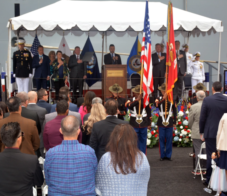 Crowd gathered for the christening of the USS Robert E. Simanek (ESB-7)