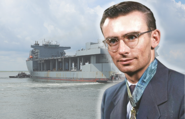 USNS Lewis B. Puller (T-ESB-3) at sea + Portrait of Robert Simanek wearing his Medal of Honor