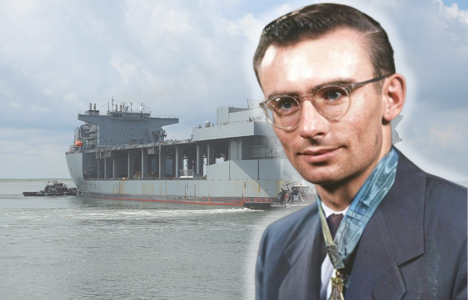 USNS Lewis B. Puller (T-ESB-3) at sea + Portrait of Robert Simanek wearing his Medal of Honor